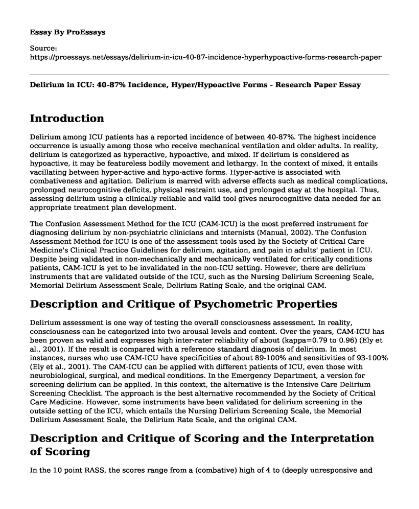 Delirium in ICU: 40-87% Incidence, Hyper/Hypoactive Forms - Research Paper