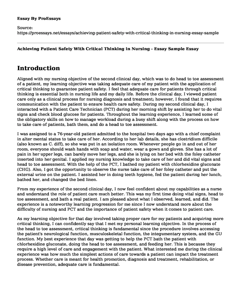 Achieving Patient Safety With Critical Thinking in Nursing - Essay Sample
