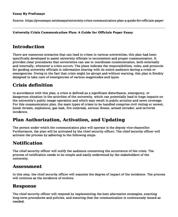 University Crisis Communication Plan: A Guide for Officials Paper