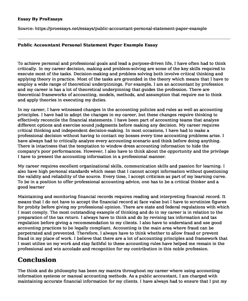 Public Accountant Personal Statement Paper Example