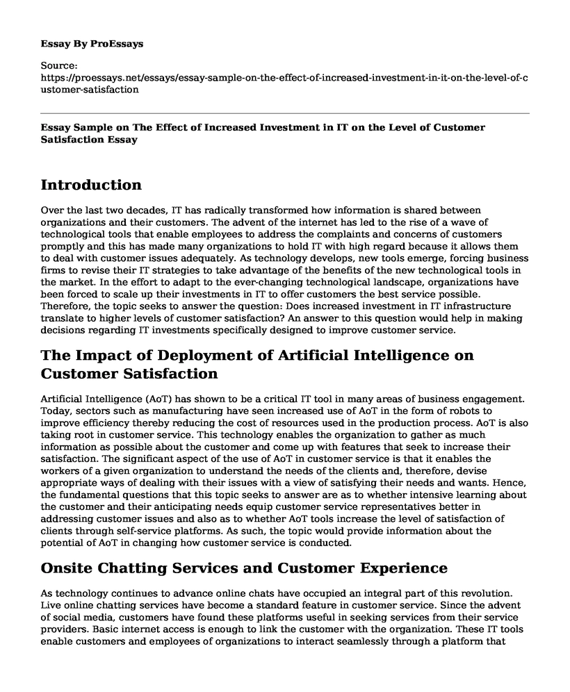 Essay Sample on The Effect of Increased Investment in IT on the Level of Customer Satisfaction