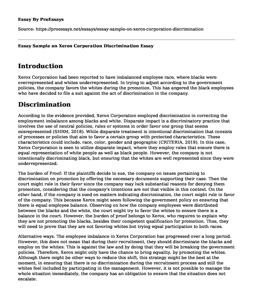 Essay Sample on Xerox Corporation Discrimination