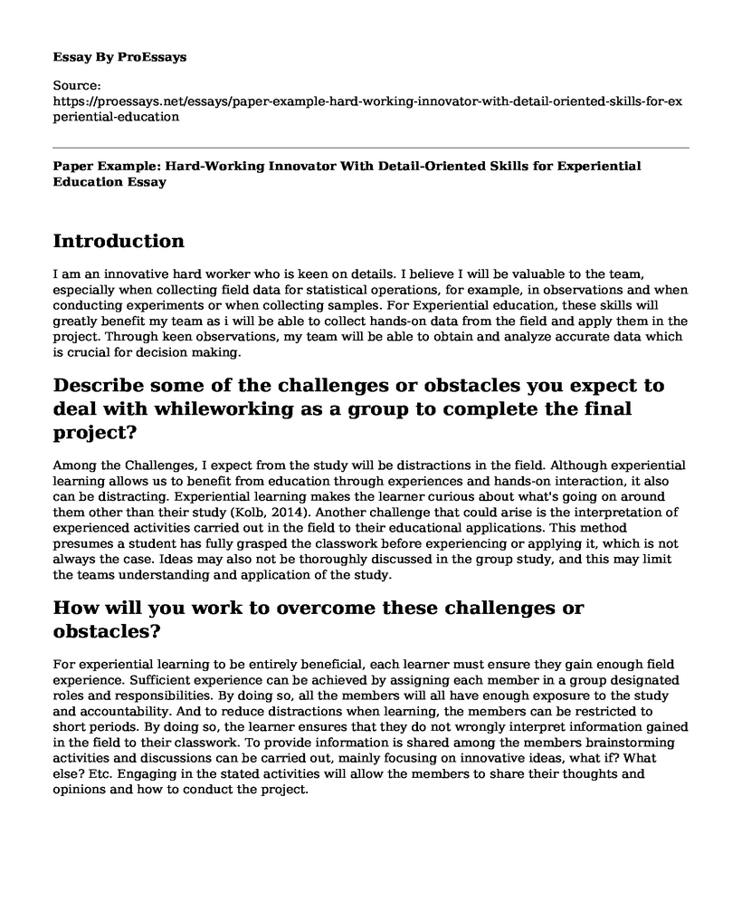 Paper Example: Hard-Working Innovator With Detail-Oriented Skills for Experiential Education