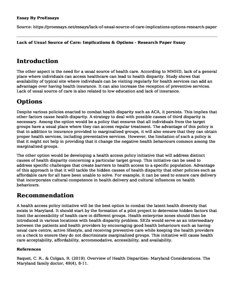 Lack of Usual Source of Care: Implications & Options - Research Paper