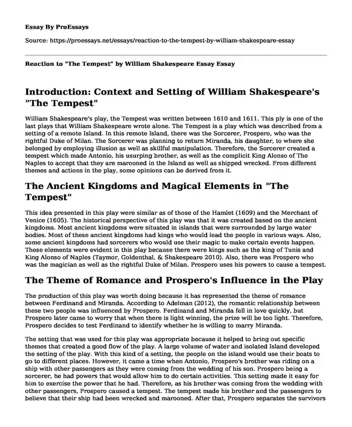 Reaction to "The Tempest" by William Shakespeare Essay