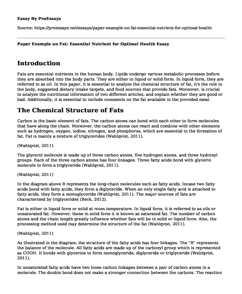 Paper Example on Fat: Essential Nutrient for Optimal Health