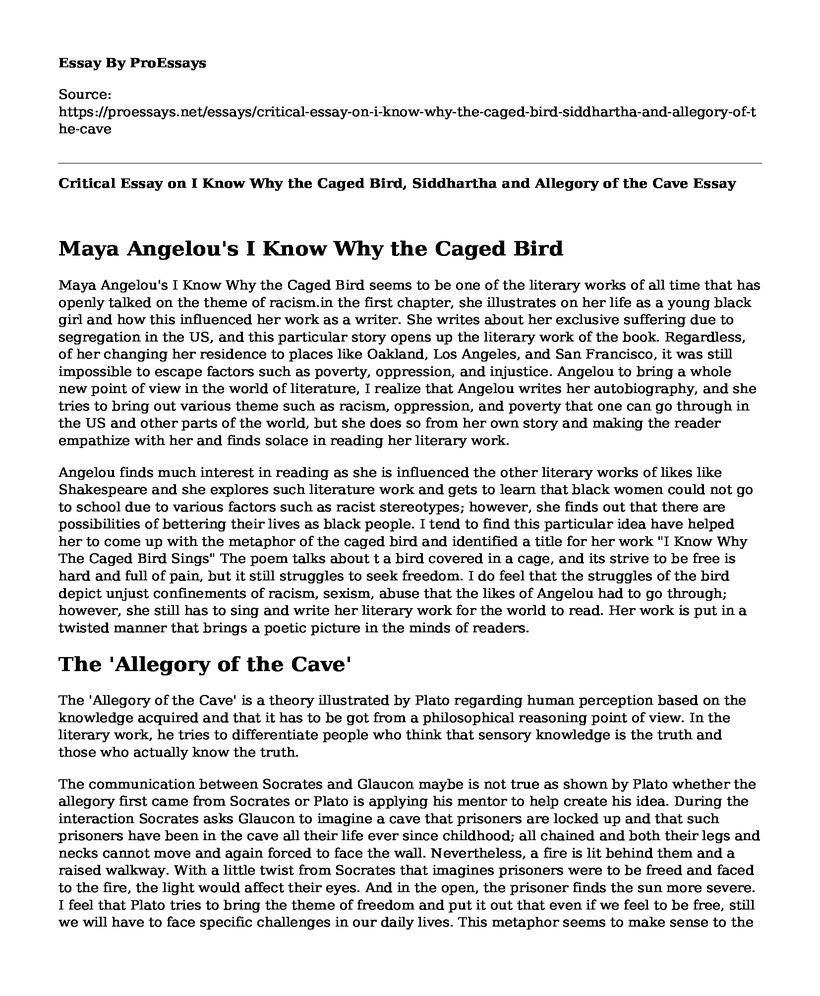 Critical Essay on I Know Why the Caged Bird, Siddhartha and Allegory of the Cave