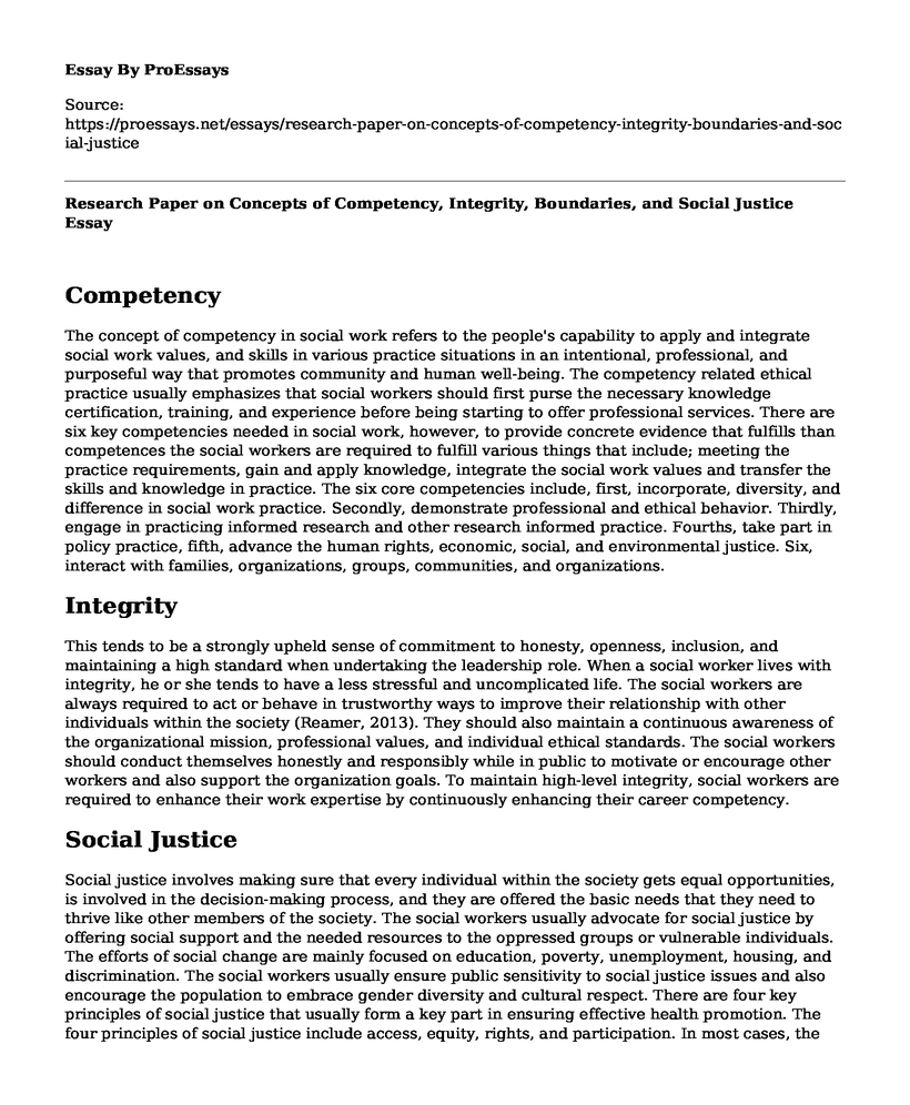 Research Paper on Concepts of Competency, Integrity, Boundaries, and Social Justice