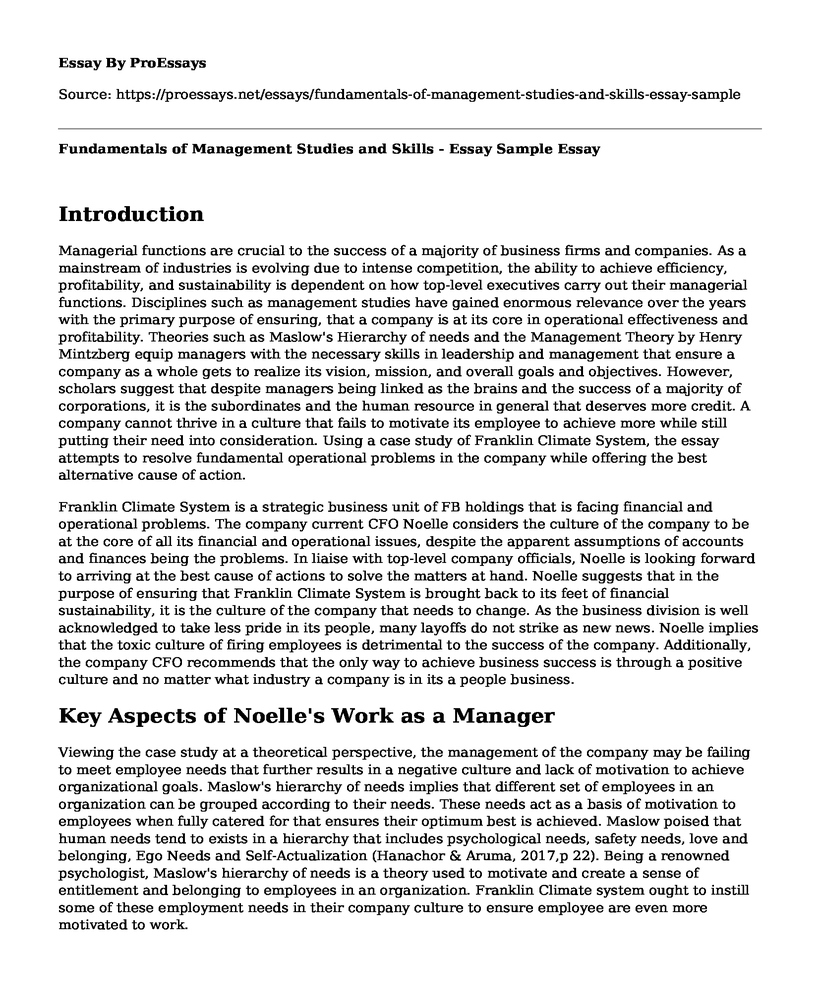 Fundamentals of Management Studies and Skills - Essay Sample