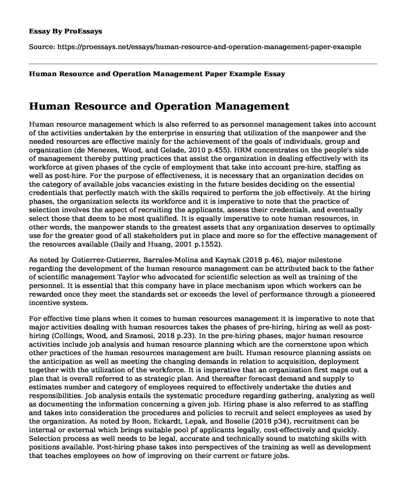Human Resource and Operation Management Paper Example