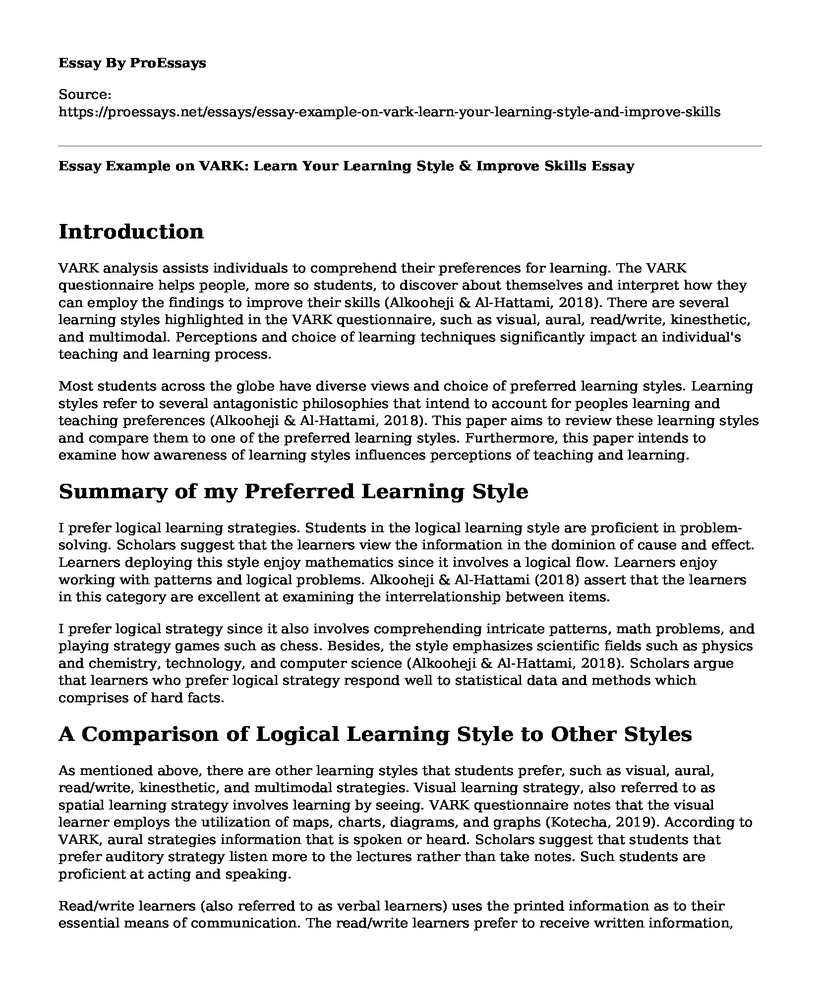 Essay Example on VARK: Learn Your Learning Style & Improve Skills