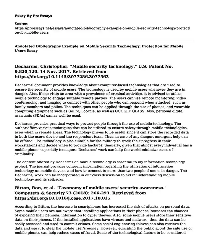Annotated Bibliography Example on Mobile Security Technology: Protection for Mobile Users