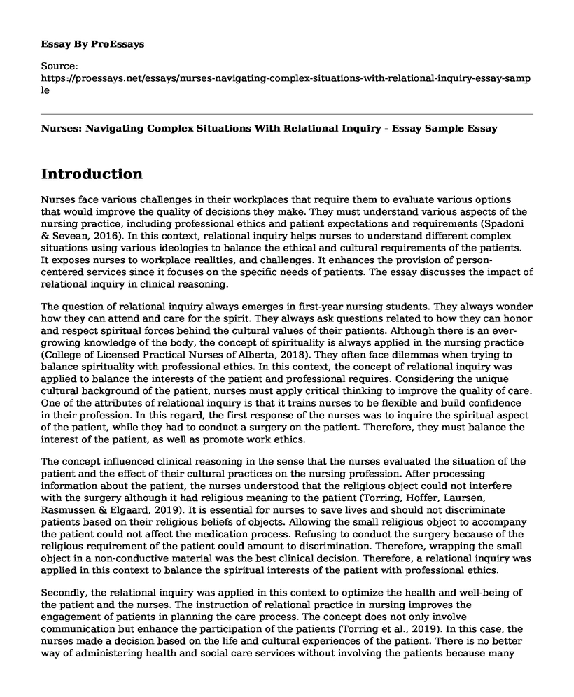 Nurses: Navigating Complex Situations With Relational Inquiry - Essay Sample