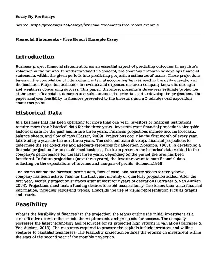 Financial Statements - Free Report Example