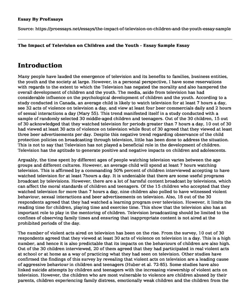The Impact of Television on Children and the Youth - Essay Sample