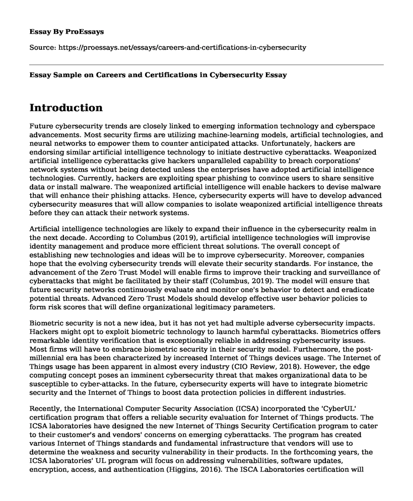 Essay Sample on Careers and Certifications in Cybersecurity