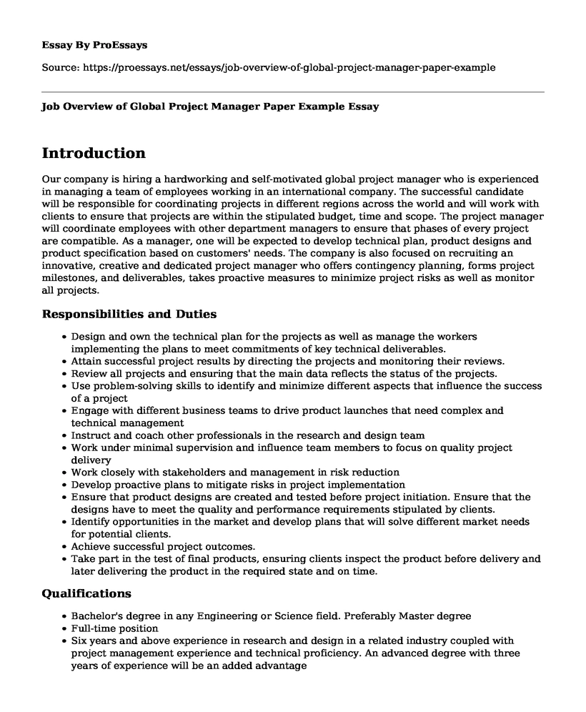 Job Overview of Global Project Manager Paper Example