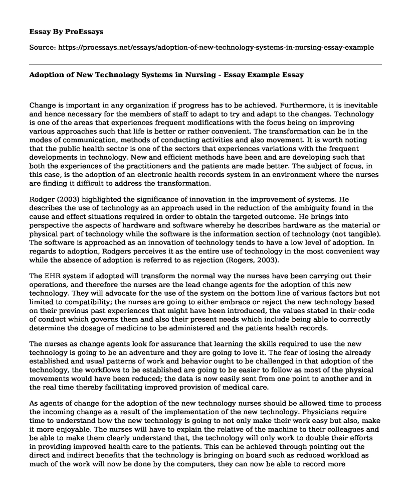 Adoption of New Technology Systems in Nursing - Essay Example