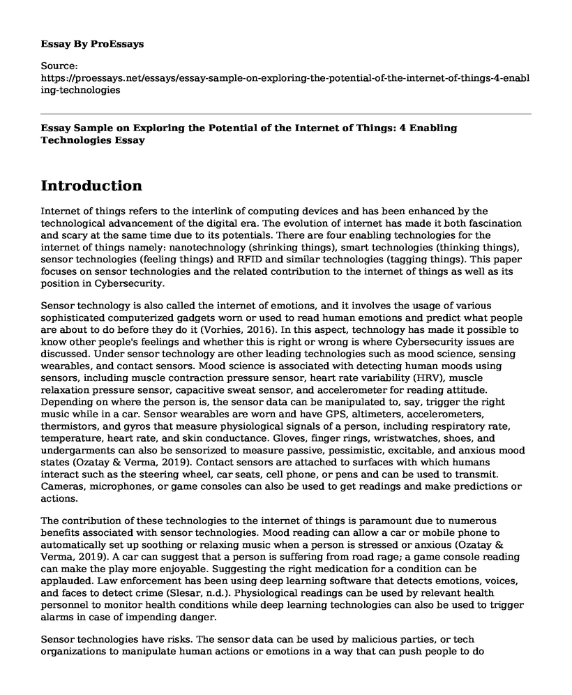 Essay Sample on Exploring the Potential of the Internet of Things: 4 Enabling Technologies