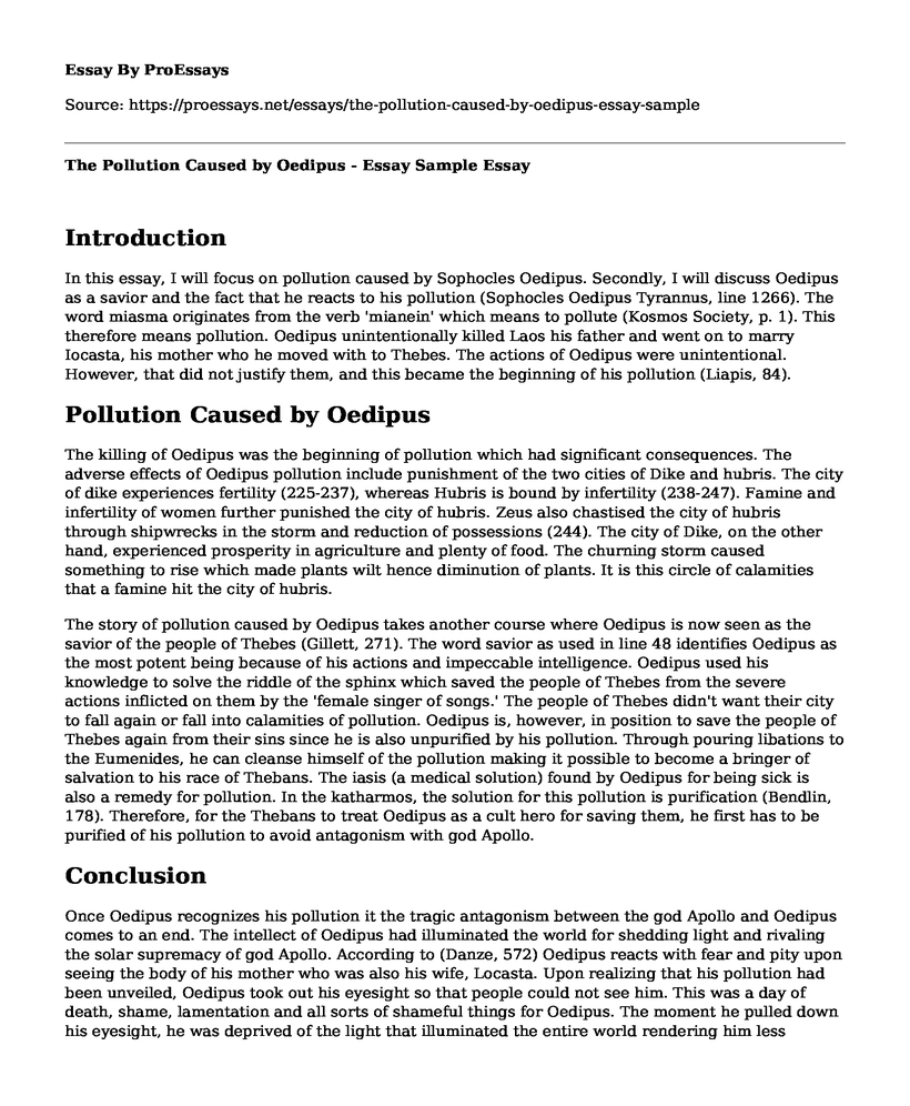 The Pollution Caused by Oedipus - Essay Sample