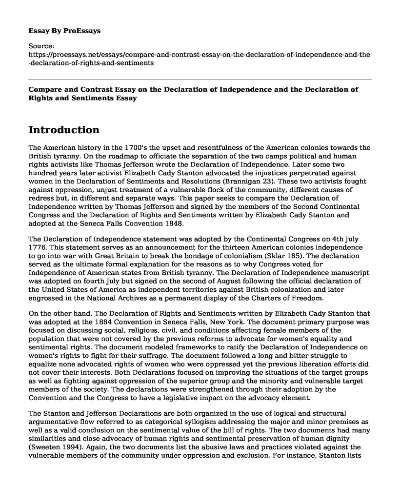 Compare and Contrast Essay on the Declaration of Independence and the Declaration of Rights and Sentiments