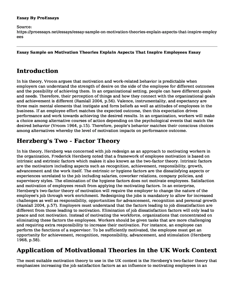 Essay Sample on Motivation Theories Explain Aspects That Inspire Employees