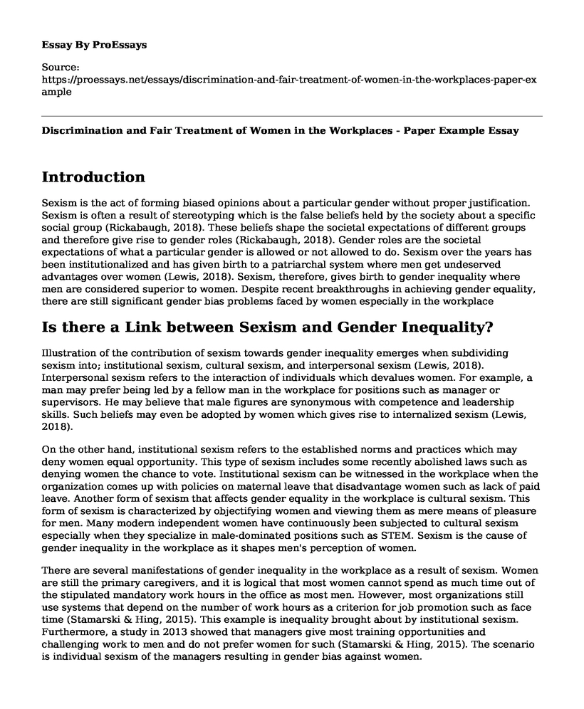 Discrimination and Fair Treatment of Women in the Workplaces - Paper Example