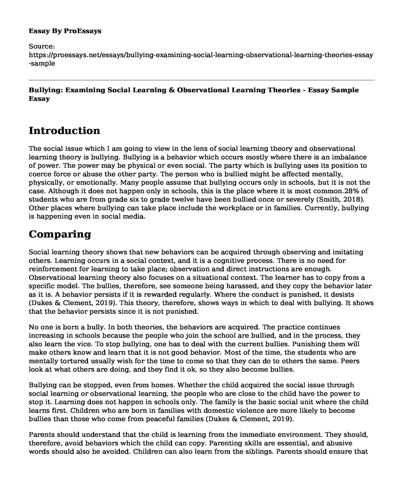 Bullying: Examining Social Learning & Observational Learning Theories - Essay Sample