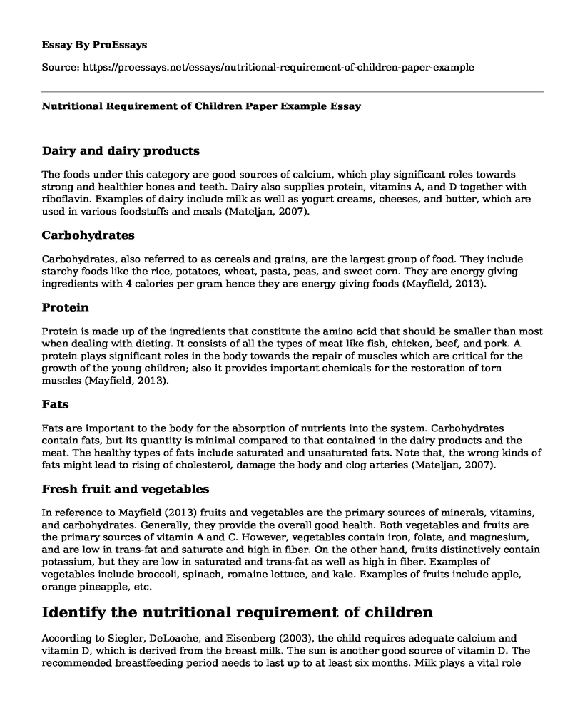 Nutritional Requirement of Children Paper Example