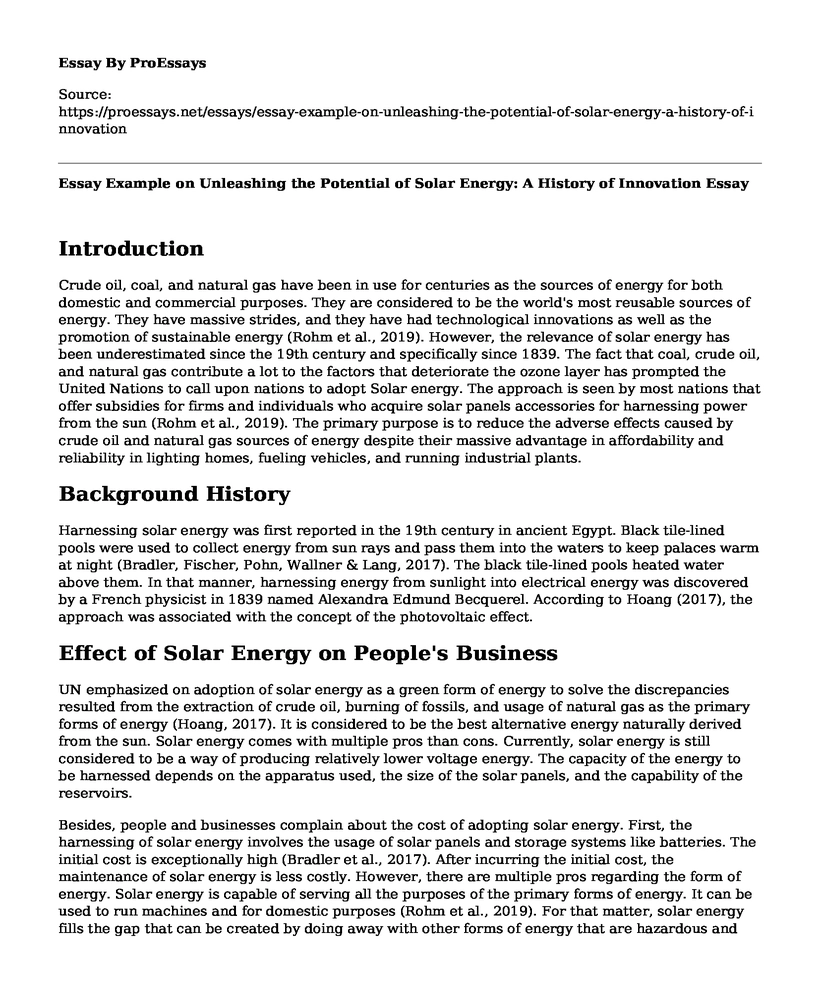 Essay Example on Unleashing the Potential of Solar Energy: A History of Innovation