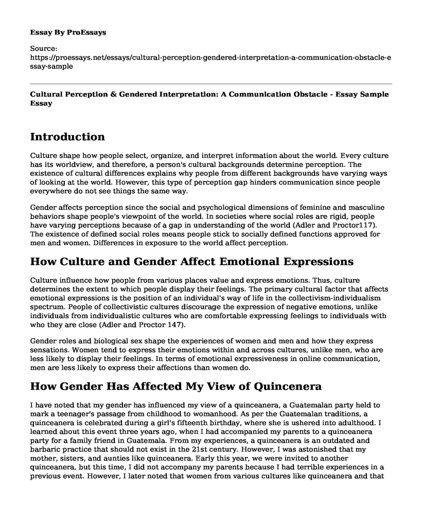 Cultural Perception & Gendered Interpretation: A Communication Obstacle - Essay Sample