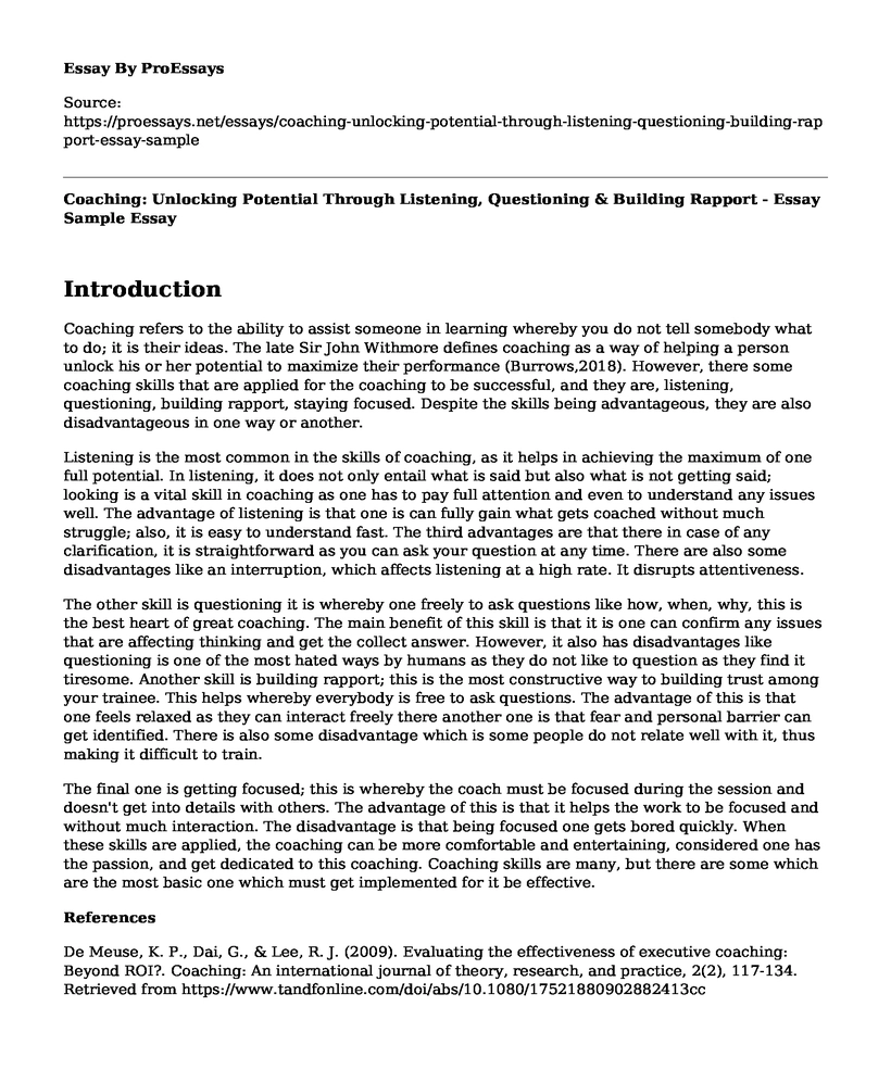 Coaching: Unlocking Potential Through Listening, Questioning & Building Rapport - Essay Sample