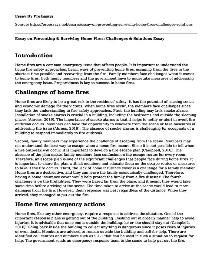 Essay on Preventing & Surviving Home Fires: Challenges & Solutions