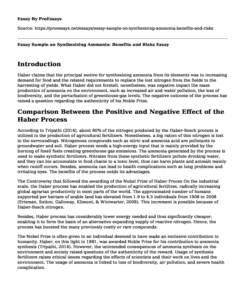 Essay Sample on Synthesizing Ammonia: Benefits and Risks