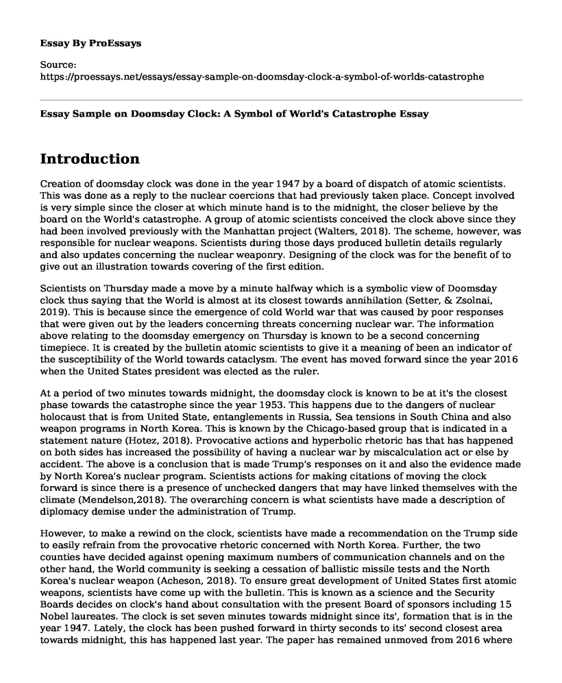 Essay Sample on Doomsday Clock: A Symbol of World's Catastrophe
