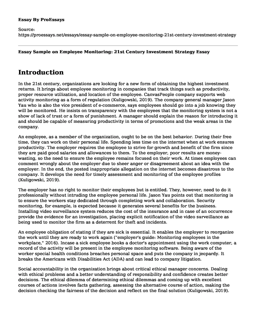 Essay Sample on Employee Monitoring: 21st Century Investment Strategy