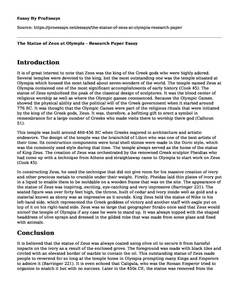 The Statue of Zeus at Olympia - Research Paper