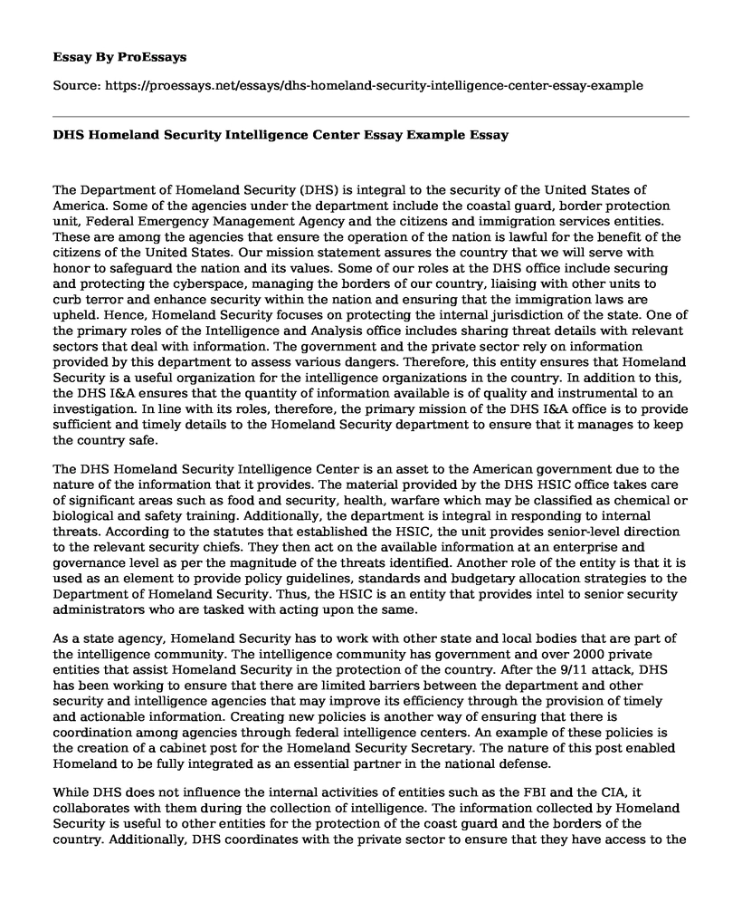 DHS Homeland Security Intelligence Center Essay Example