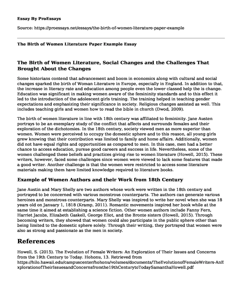 The Birth of Women Literature Paper Example