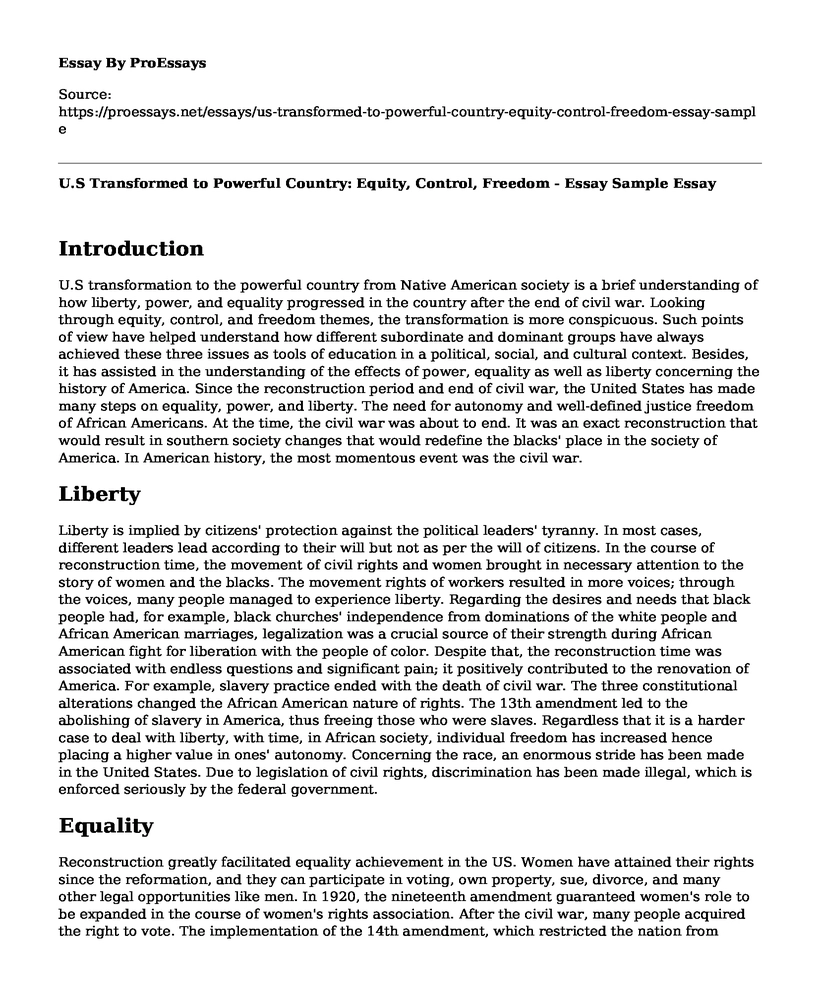 U.S Transformed to Powerful Country: Equity, Control, Freedom - Essay Sample