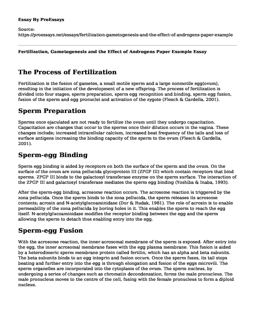 Fertilization, Gametogenesis and the Effect of Androgens Paper Example