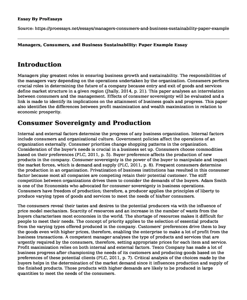 Managers, Consumers, and Business Sustainability: Paper Example