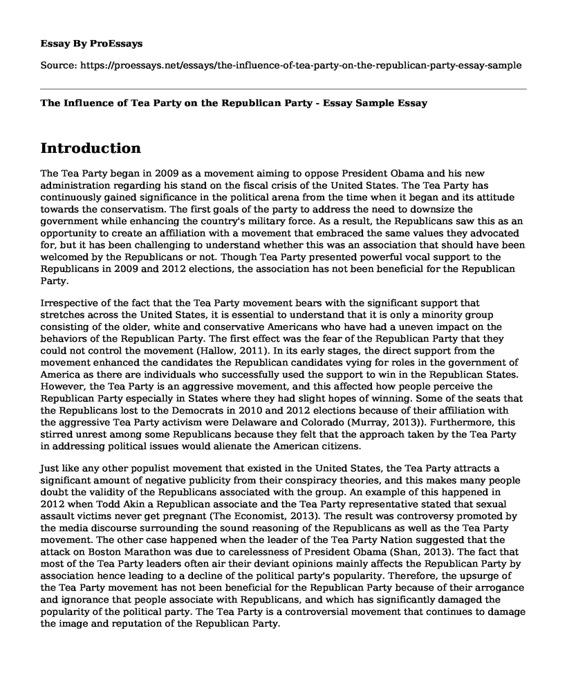 The Influence of Tea Party on the Republican Party - Essay Sample