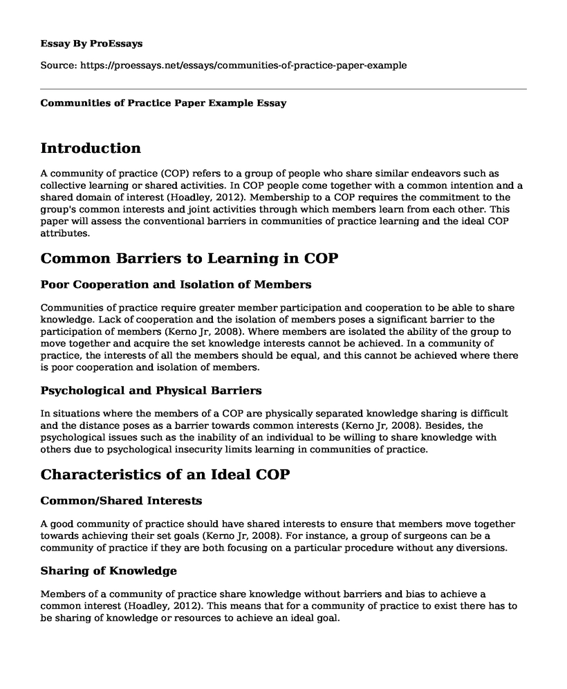 Communities of Practice Paper Example