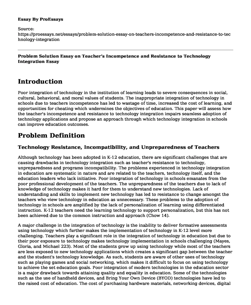 Problem Solution Essay on Teacher's Incompetence and Resistance to Technology Integration