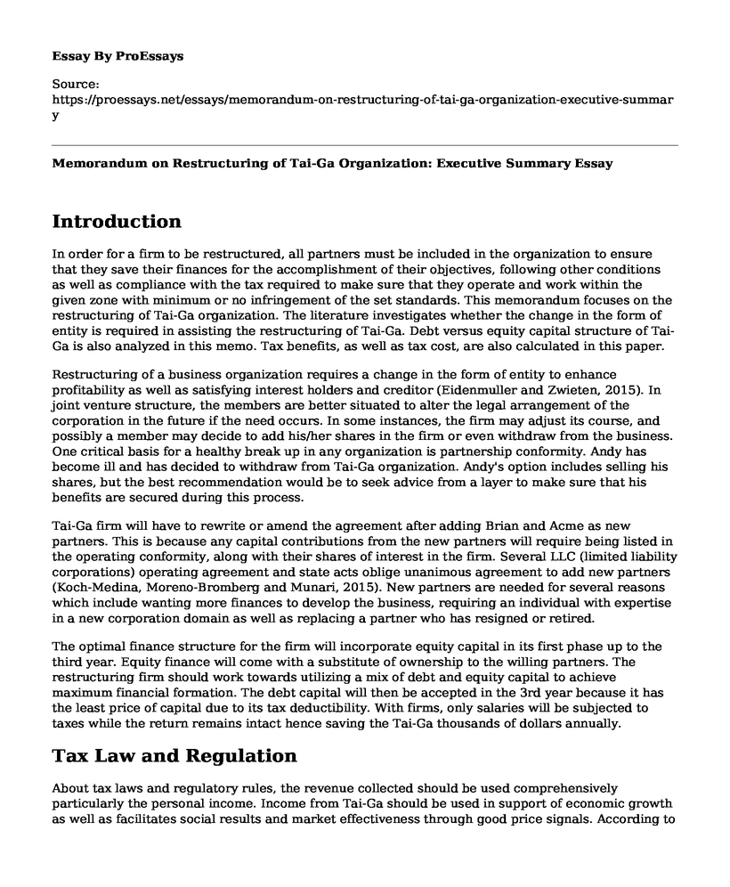 Memorandum on Restructuring of Tai-Ga Organization: Executive Summary