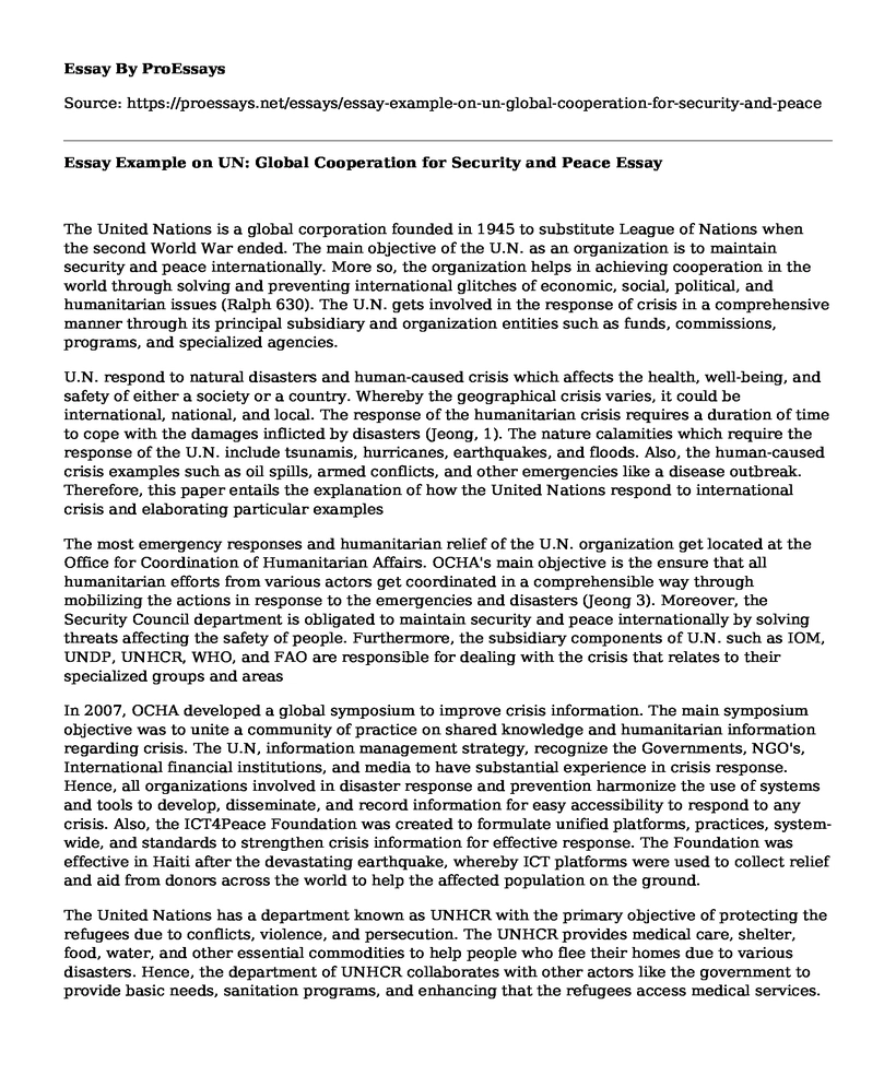 Essay Example on UN: Global Cooperation for Security and Peace
