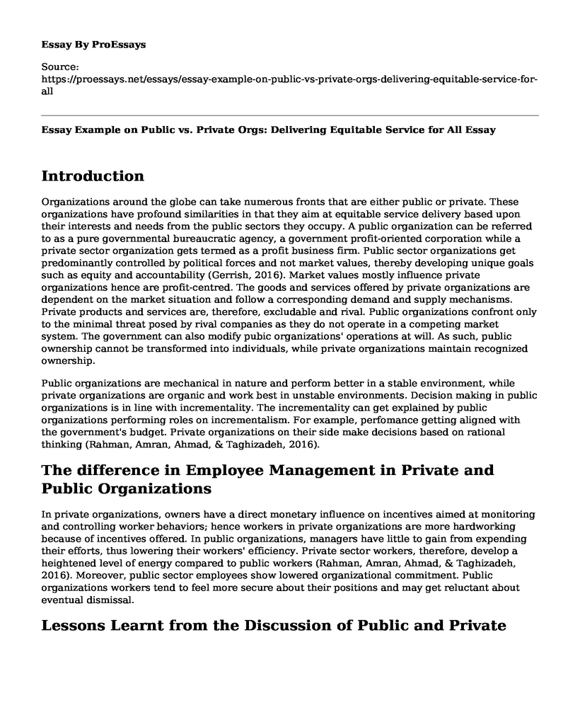 Essay Example on Public vs. Private Orgs: Delivering Equitable Service for All