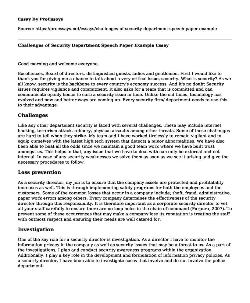 Challenges of Security Department Speech Paper Example