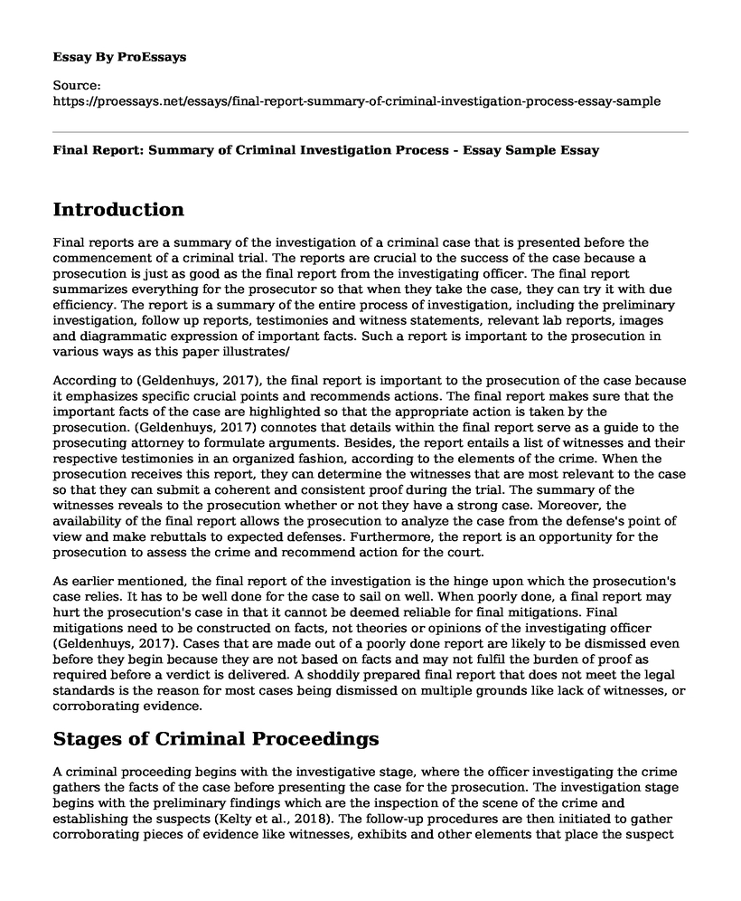 Final Report: Summary of Criminal Investigation Process - Essay Sample